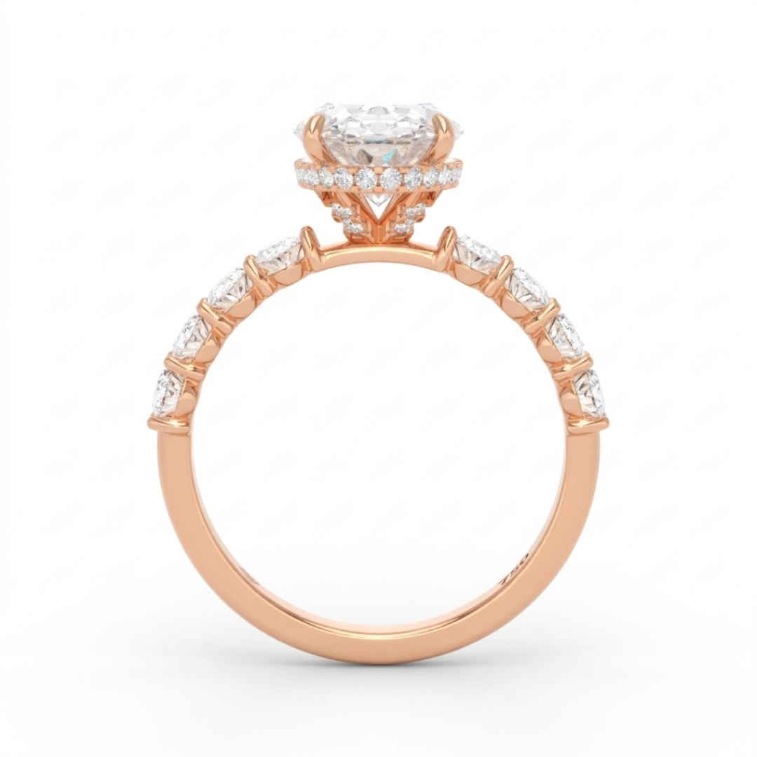 Vivien Oval Brilliant Cut Engagement Ring with Oval Brilliant Diamond Band and Wrap Around Hidden Halo