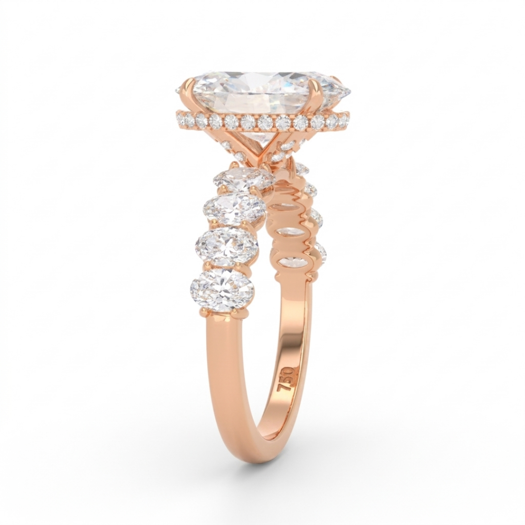 Vivien Oval Brilliant Cut Engagement Ring with Oval Brilliant Diamond Band and Wrap Around Hidden Halo