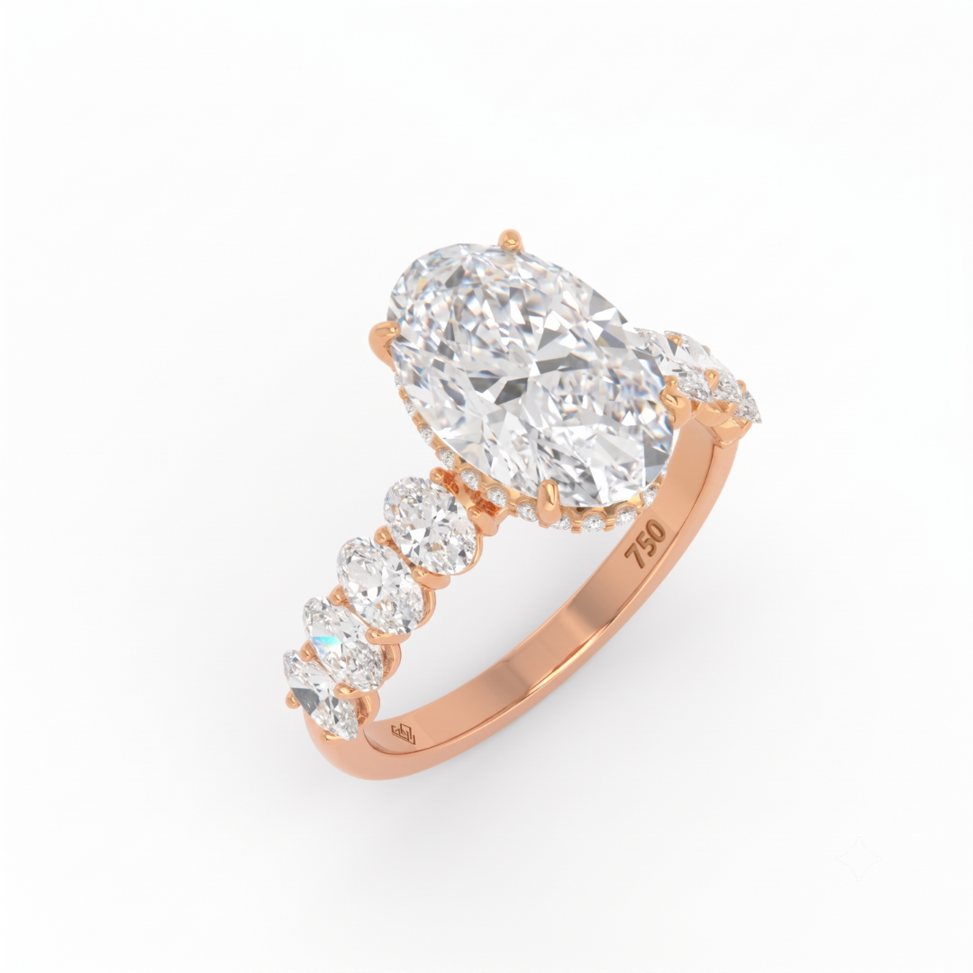 Vivien Oval Brilliant Cut Engagement Ring with Oval Brilliant Diamond Band and Wrap Around Hidden Halo
