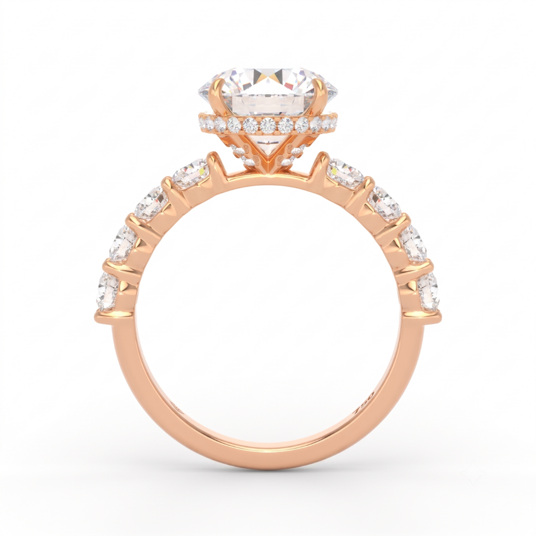 Vivien Round Brilliant Cut Engagement Ring with Round Brilliant Diamond Band and Wrap Around Hidden Halo