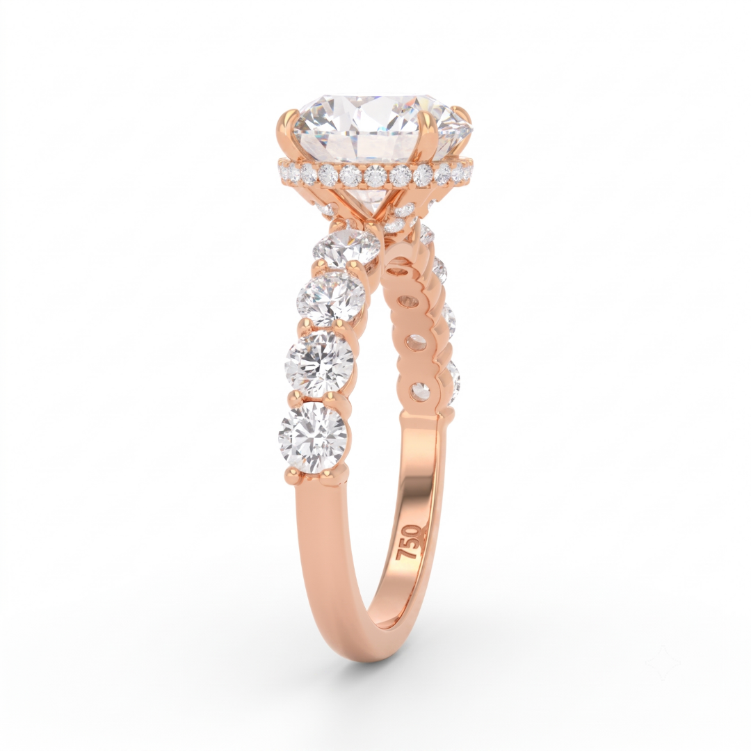 Vivien Round Brilliant Cut Engagement Ring with Round Brilliant Diamond Band and Wrap Around Hidden Halo