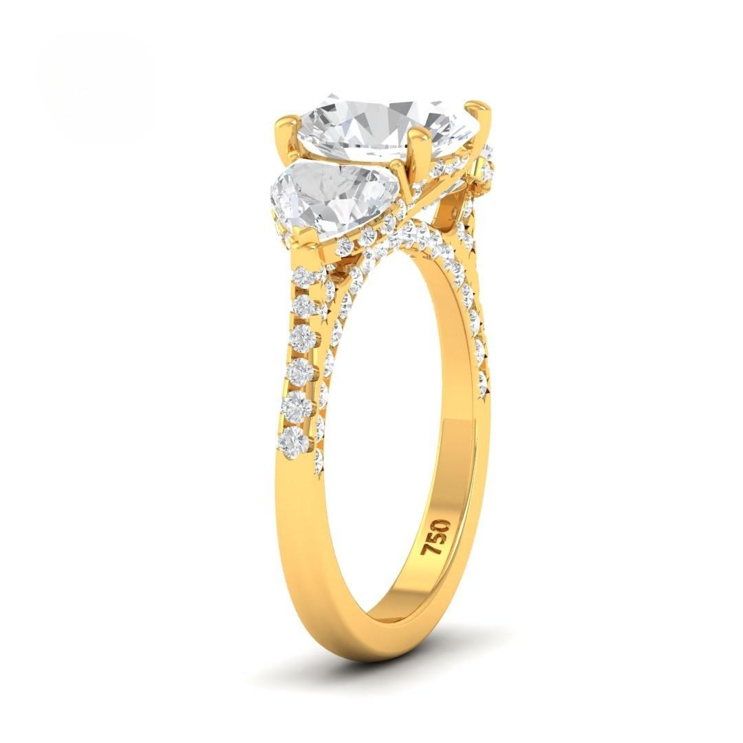 Victoria Round Brilliant Cut Diamond Engagement Ring with Heart Cut Side Diamonds and 3D Diamond Band