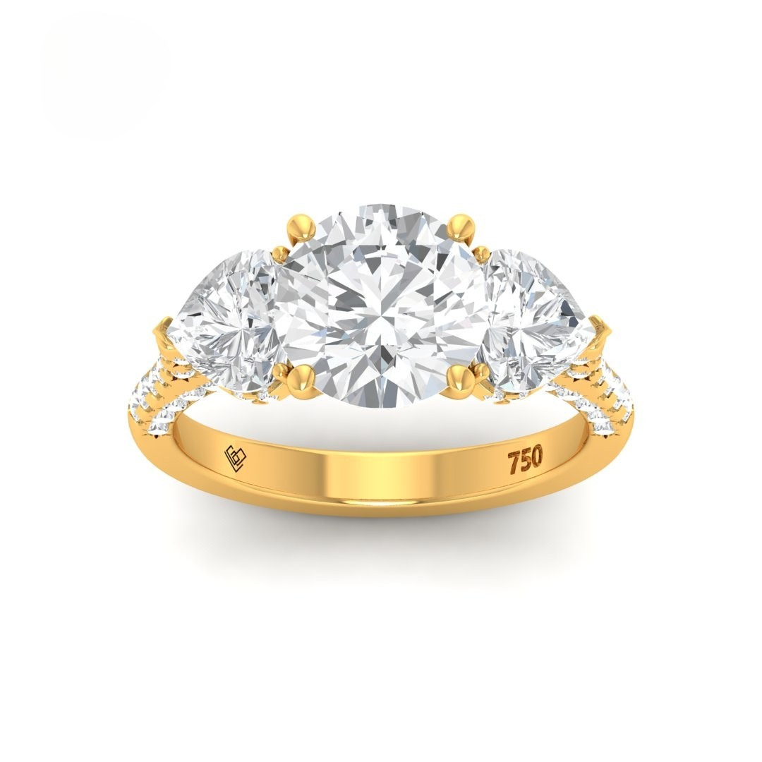 Victoria Round Brilliant Cut Diamond Engagement Ring with Heart Cut Side Diamonds and 3D Diamond Band