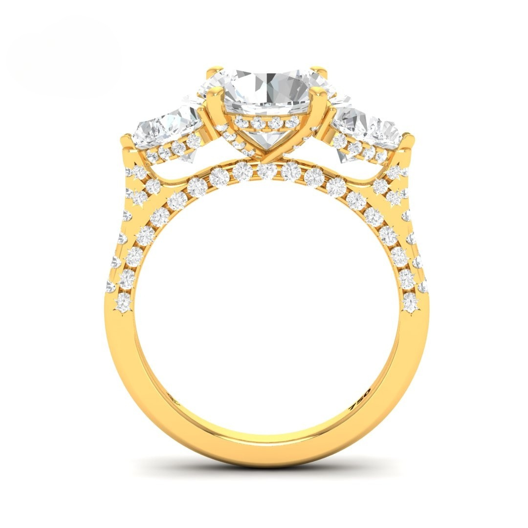 Victoria Round Brilliant Cut Diamond Engagement Ring with Heart Cut Side Diamonds and 3D Diamond Band