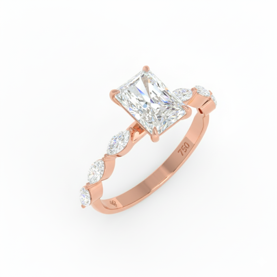 Kasandra Radiant Cut Diamond Engagement Ring With A Marquise Cut Diamond Band