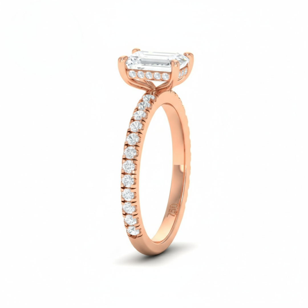 Chloé Emerald Cut Diamond Engagement Ring with Diamond Hidden Halo and Diamond Band
