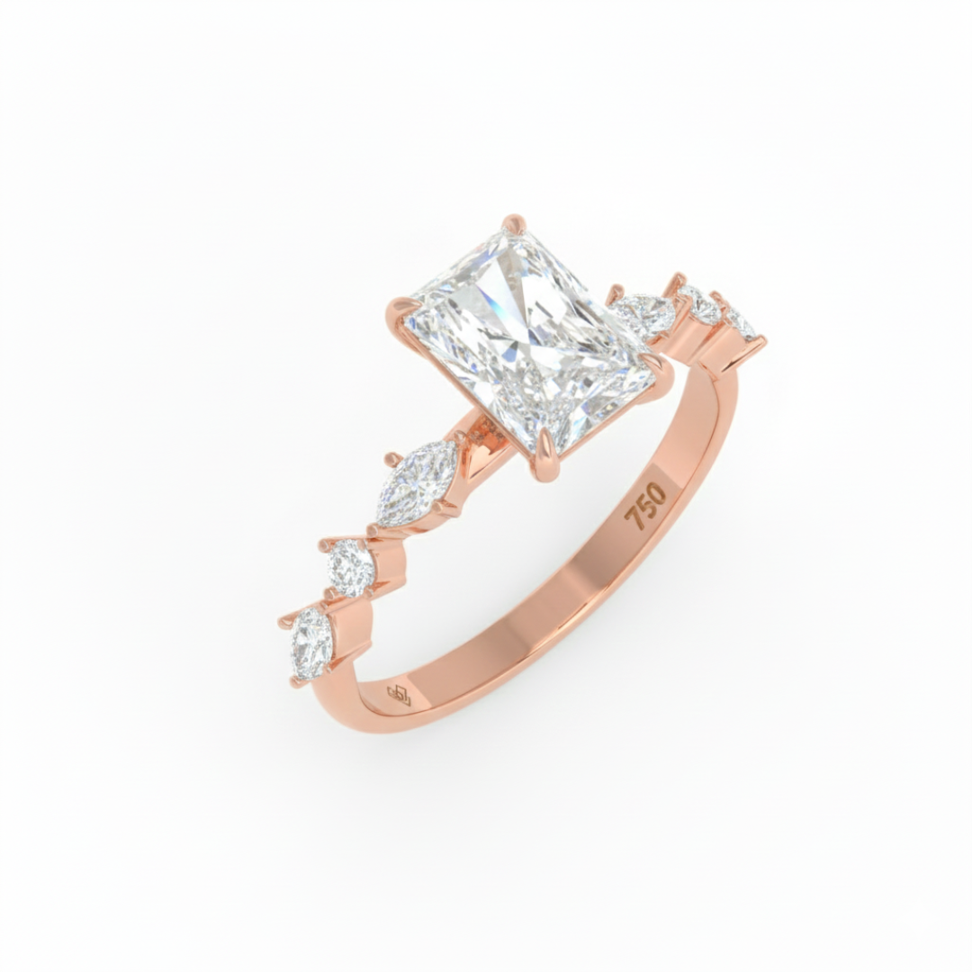 Elizabeth Radiant Cut Diamond Engagement Ring With A Marquise And Round Cut Diamond Band