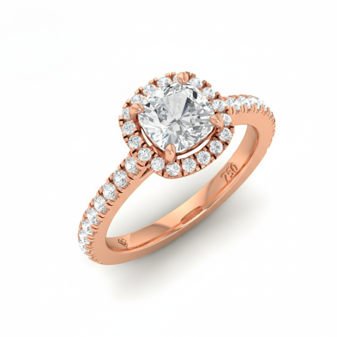 Bella Cushion Cut Diamond Engagement Ring with Diamond Halo & Diamond Band