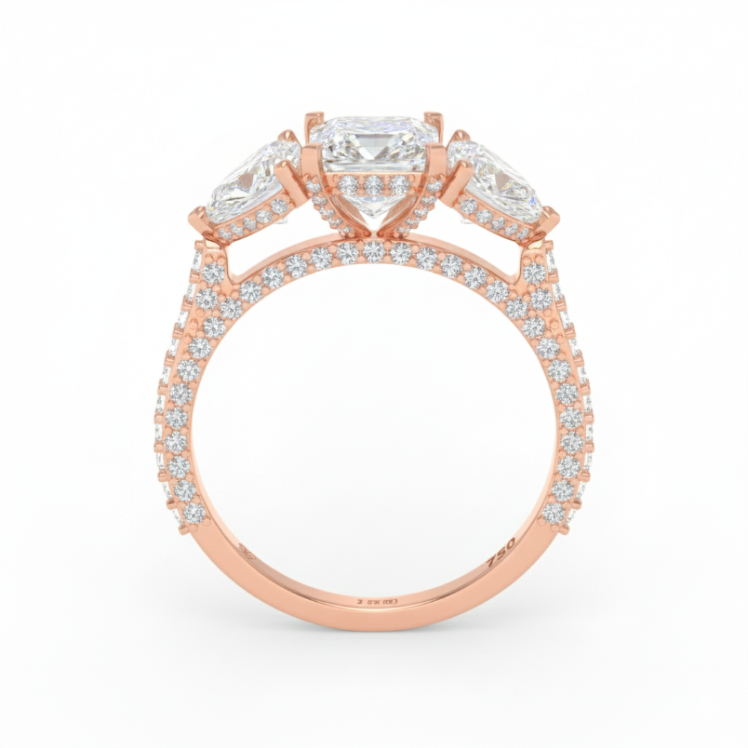 Victoria Princess Cut Diamond Engagement Ring with Heart Cut Side Diamonds and 3D Diamond Band