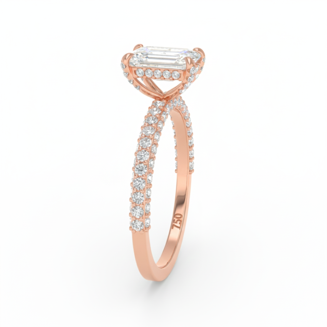Mia Emerald Cut Diamond Engagement Ring with Diamond Hidden Halo and 3D Diamond Band