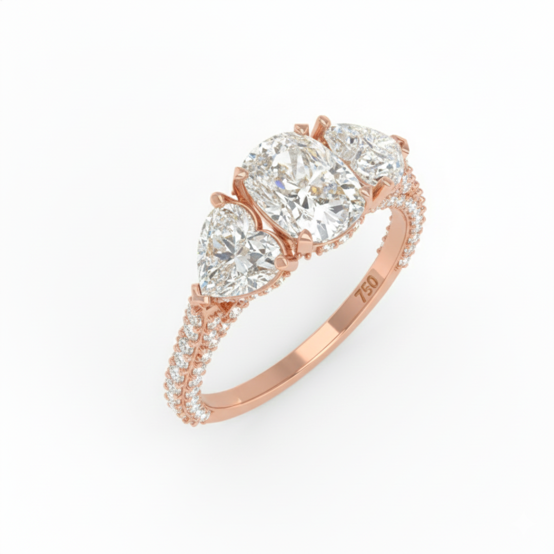 Victoria Cushion Cut Diamond Engagement Ring with Heart Cut Side Diamonds and 3D Diamond Band