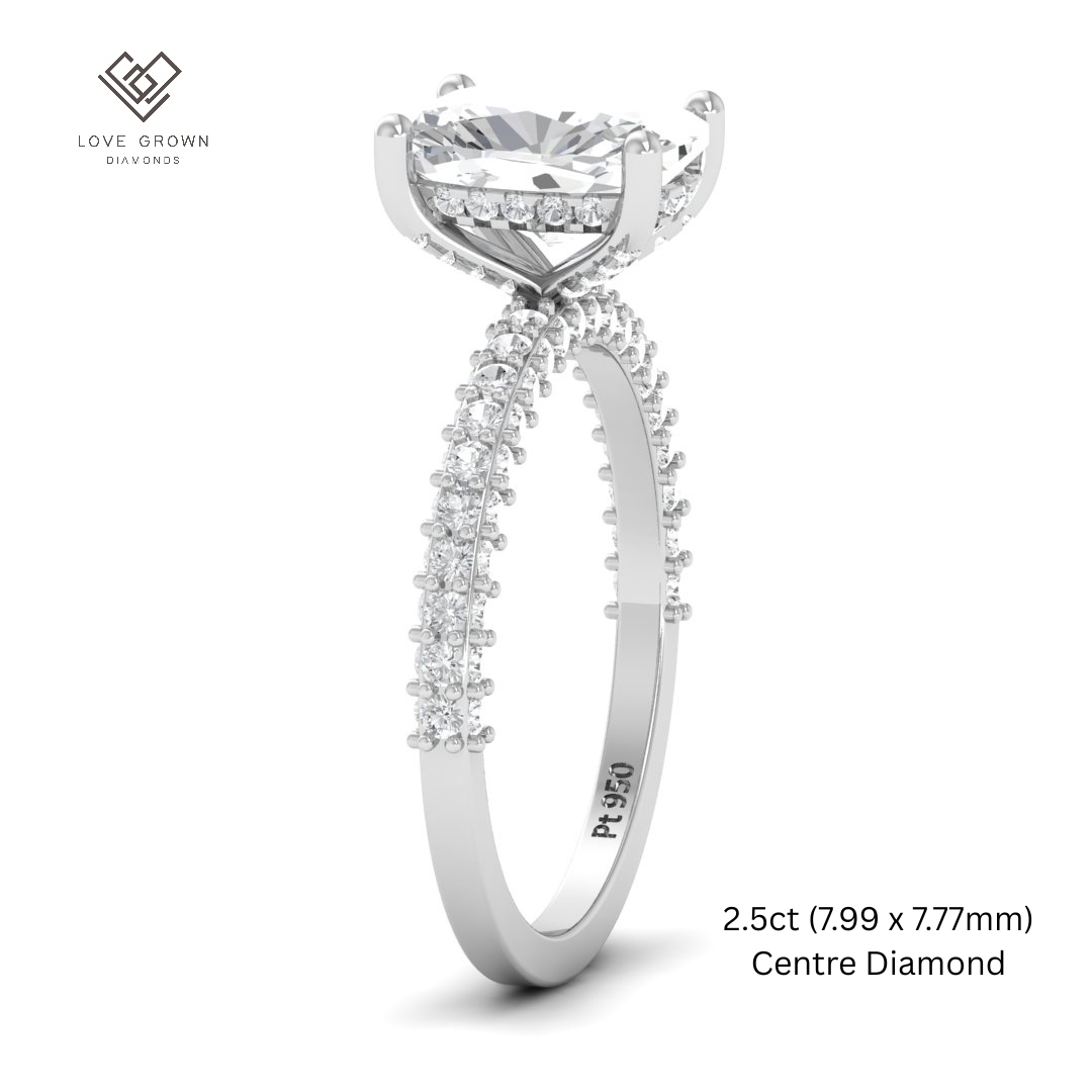 Mia Cushion Cut Diamond Engagement Ring with Diamond Hidden Halo and 3D Diamond Band