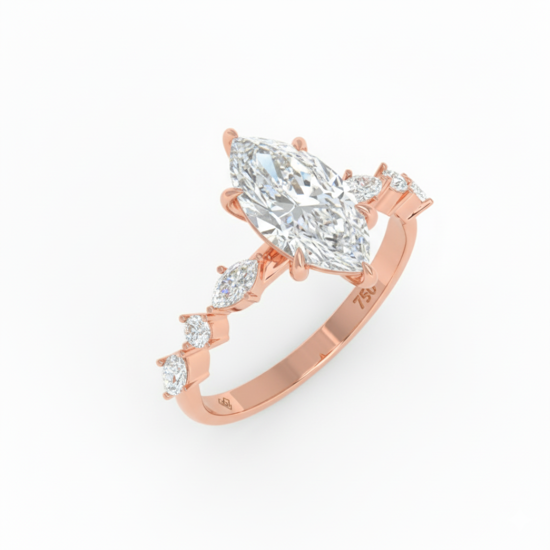 Elizabeth Marquise Cut Diamond Engagement Ring With A Marquise and Round Cut Diamond Band