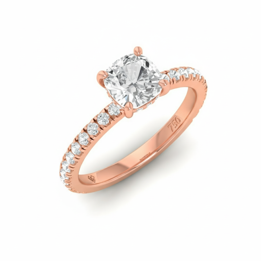 Chloé Cushion Cut Diamond Engagement Ring with Diamond Hidden Halo and Diamond Band