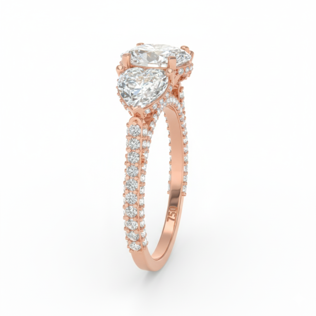 Victoria Oval Cut Diamond Engagement Ring with Heart Cut Side Diamonds and 3D Diamond Band