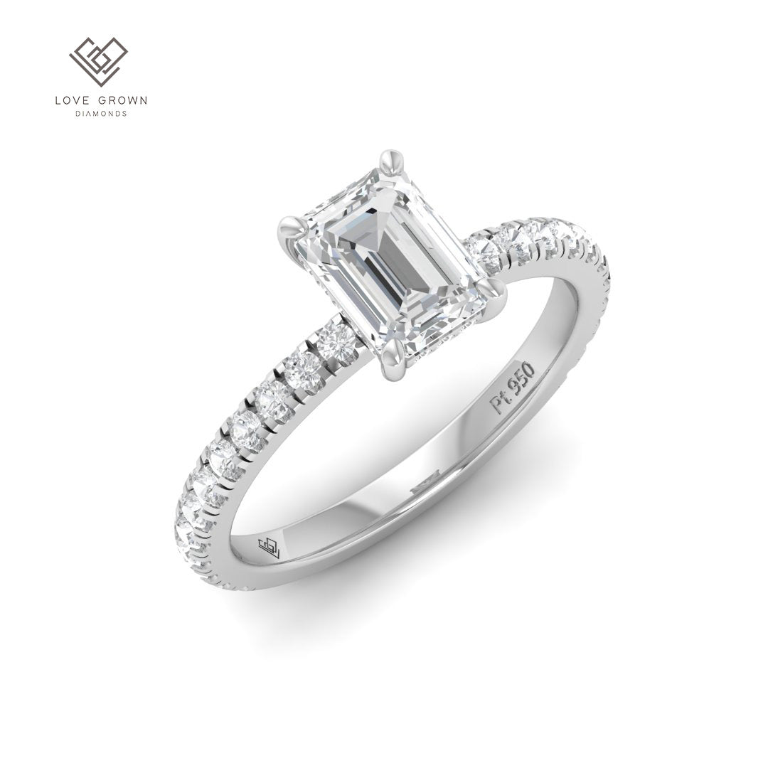 Chloé Emerald Cut Diamond Engagement Ring with Diamond Hidden Halo and Diamond Band