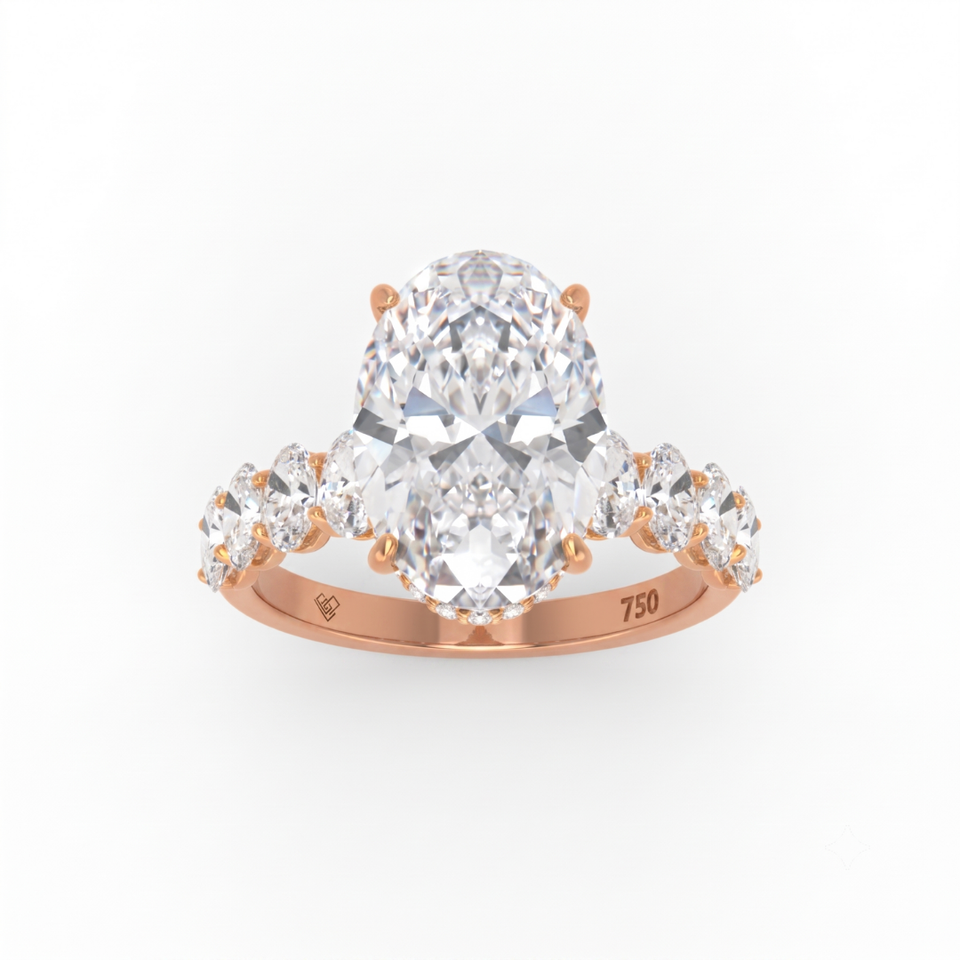 Vivien Oval Brilliant Cut Engagement Ring with Oval Brilliant Diamond Band and Wrap Around Hidden Halo