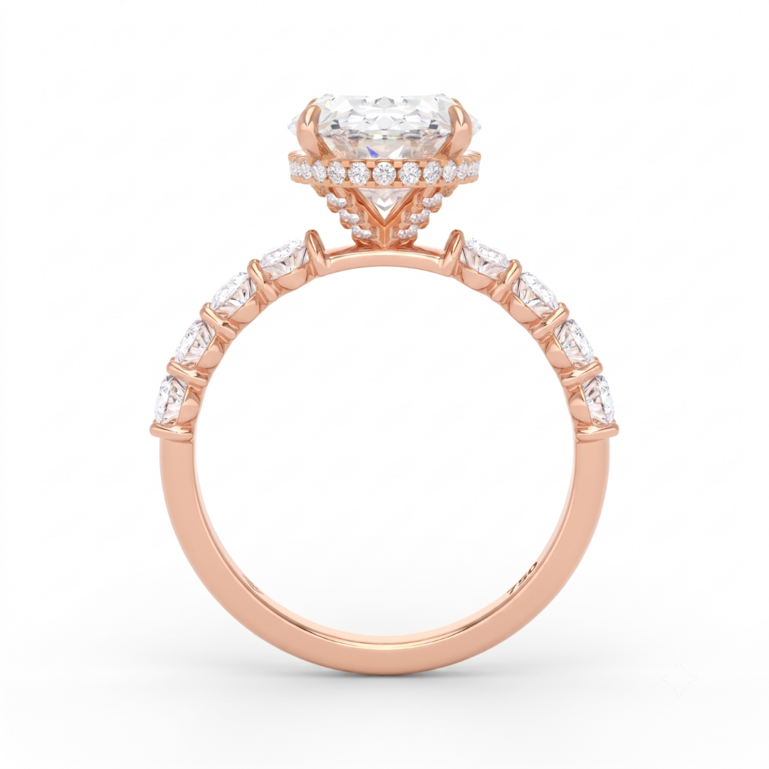 Vivien Oval Brilliant Cut Engagement Ring with Oval Brilliant Diamond Band and Wrap Around Hidden Halo