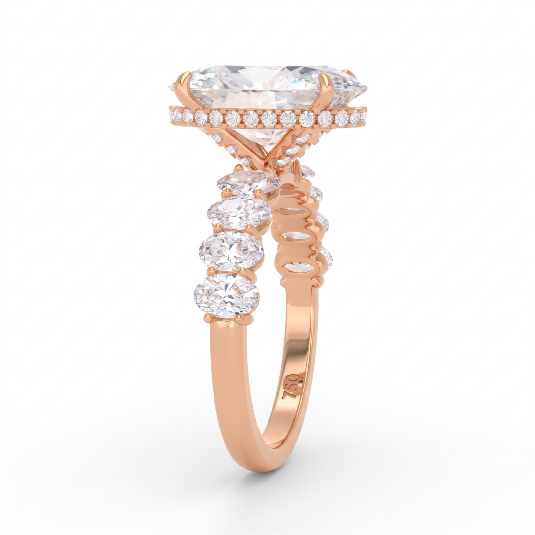 Vivien Oval Brilliant Cut Engagement Ring with Oval Brilliant Diamond Band and Wrap Around Hidden Halo