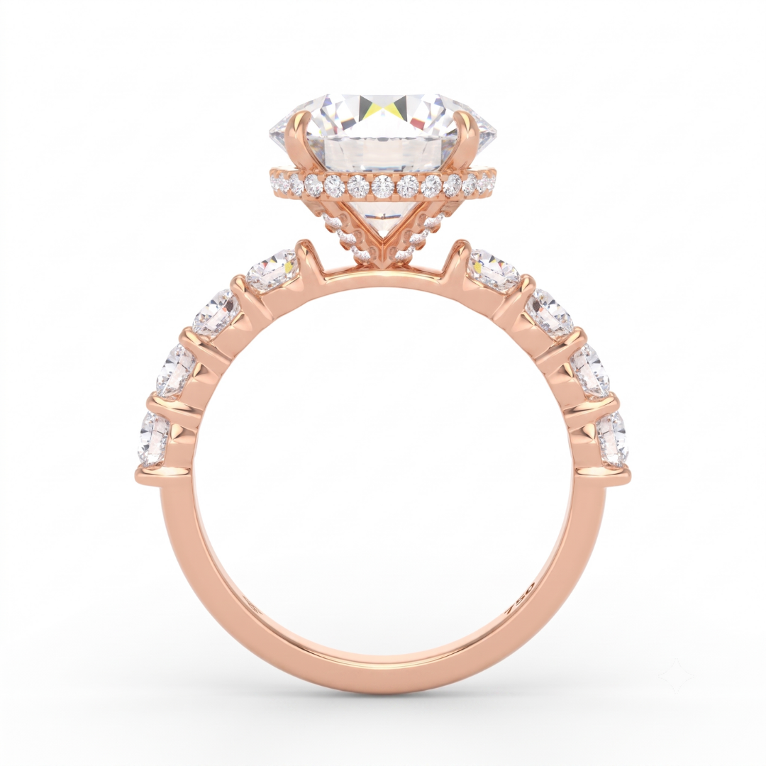 Vivien Round Brilliant Cut Engagement Ring with Round Brilliant Diamond Band and Wrap Around Hidden Halo