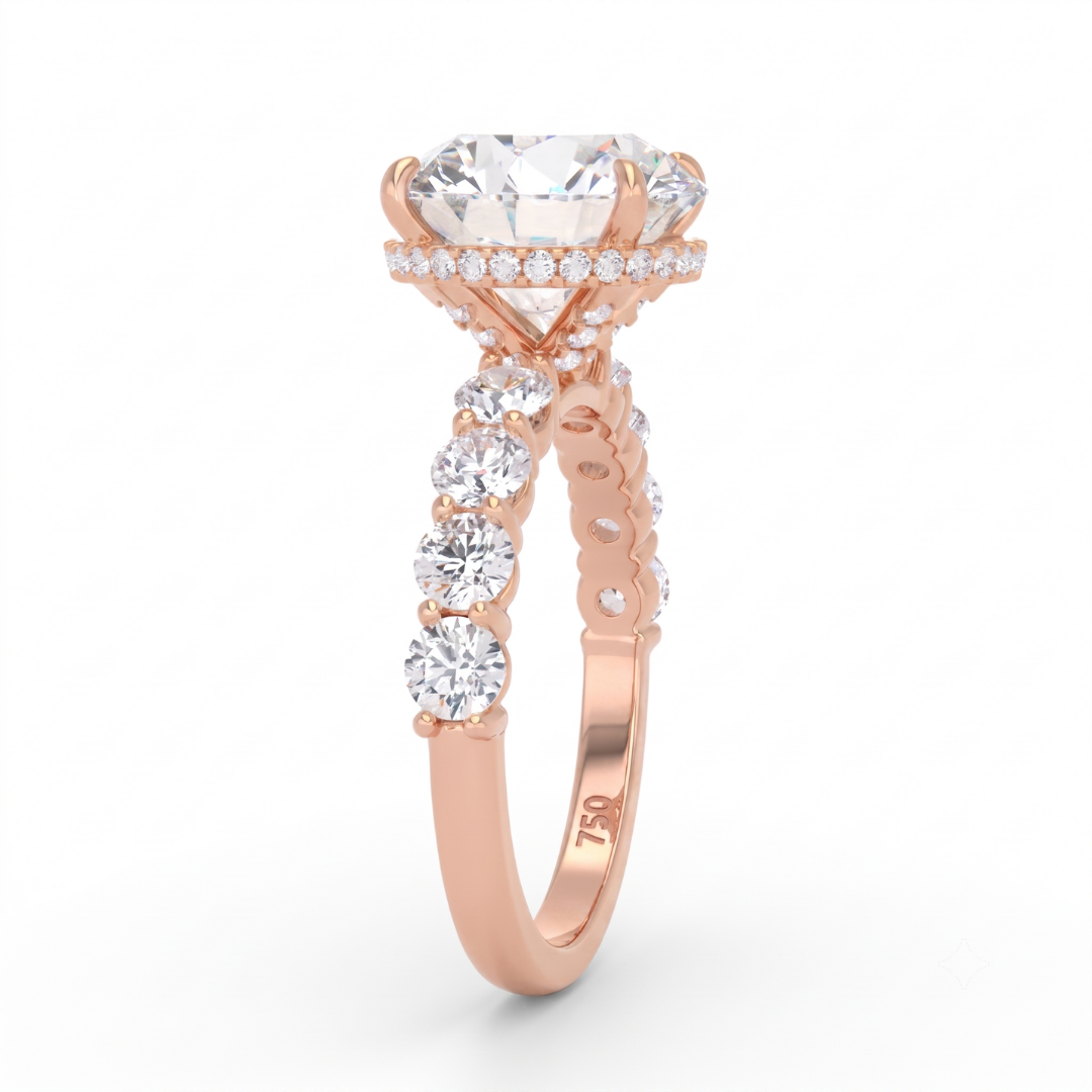 Vivien Round Brilliant Cut Engagement Ring with Round Brilliant Diamond Band and Wrap Around Hidden Halo