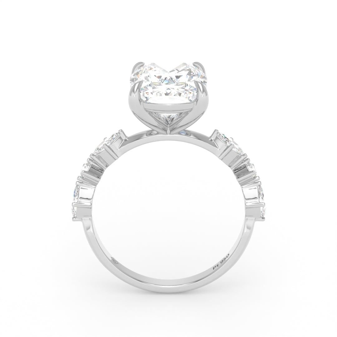 Elizabeth Cushion Diamond Engagement Ring With A Marquise and Round Cut Diamond Band
