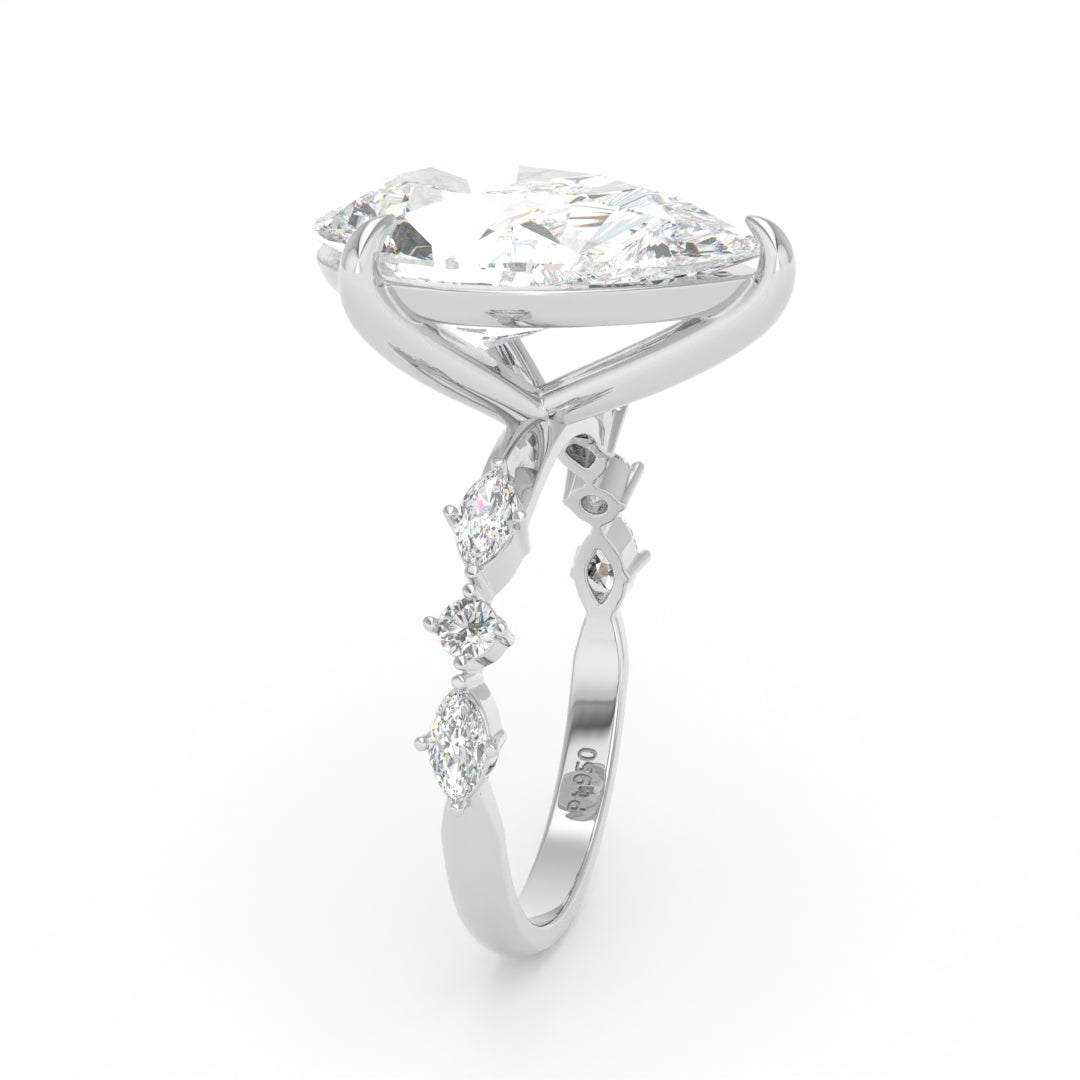 Elizabeth Pear Cut Diamond Engagement Ring With A Marquise And Round Cut Diamond Band