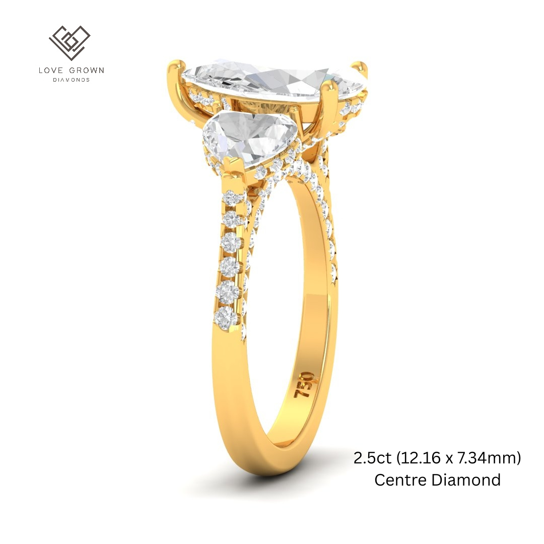 Victoria Pear Cut Diamond Engagement Ring with Heart Cut Side Diamonds and 3D Diamond Band