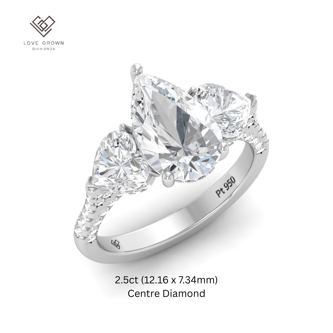 Victoria Pear Cut Diamond Engagement Ring with Heart Cut Side Diamonds and 3D Diamond Band