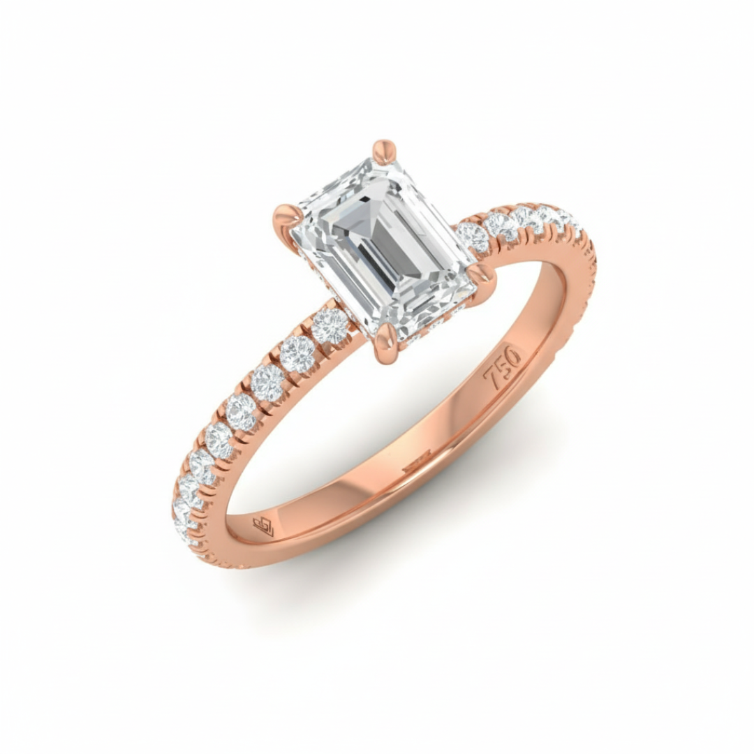 Chloé Emerald Cut Diamond Engagement Ring with Diamond Hidden Halo and Diamond Band