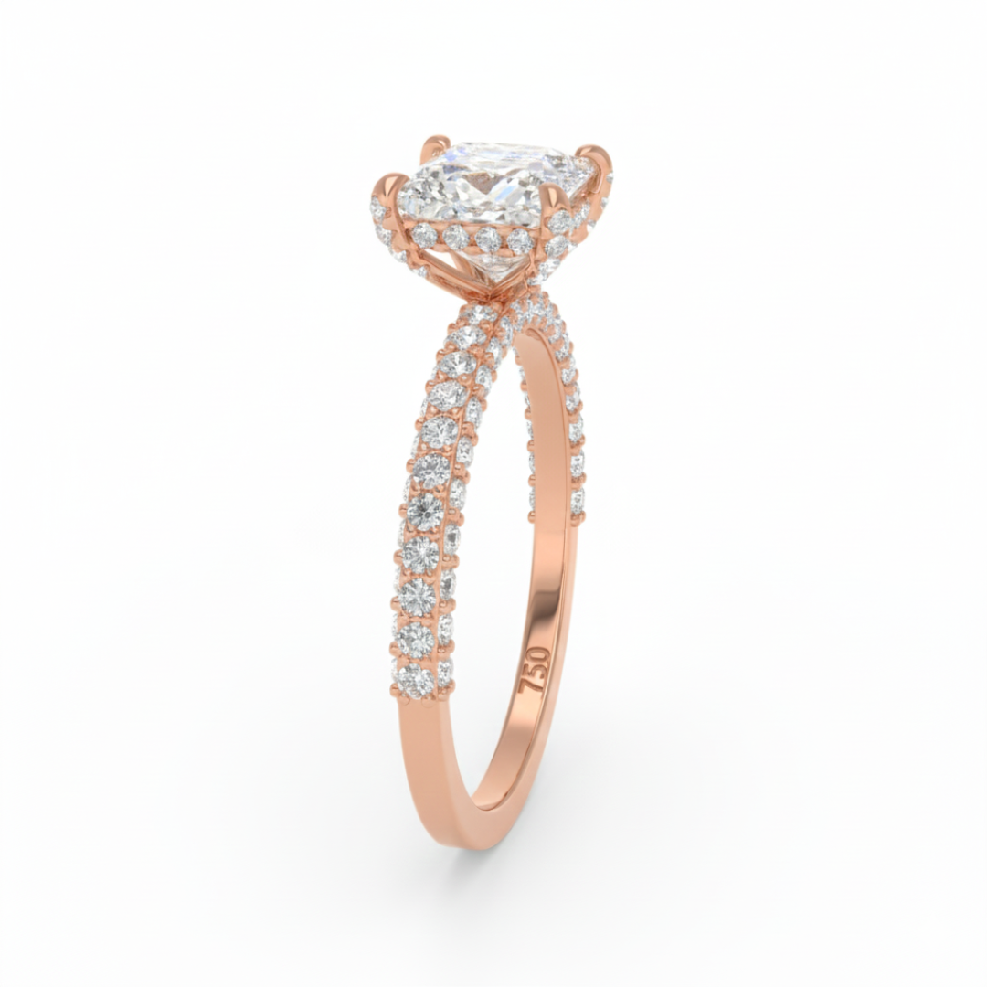 Bague de fiançailles Mia en diamant taille princesse avec halo de diamants cachés et anneau en diamant 3D