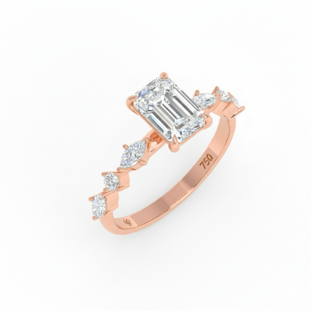 Elizabeth Emerald Cut Diamond Engagement Ring With A Marquise and Round Cut Diamond Band