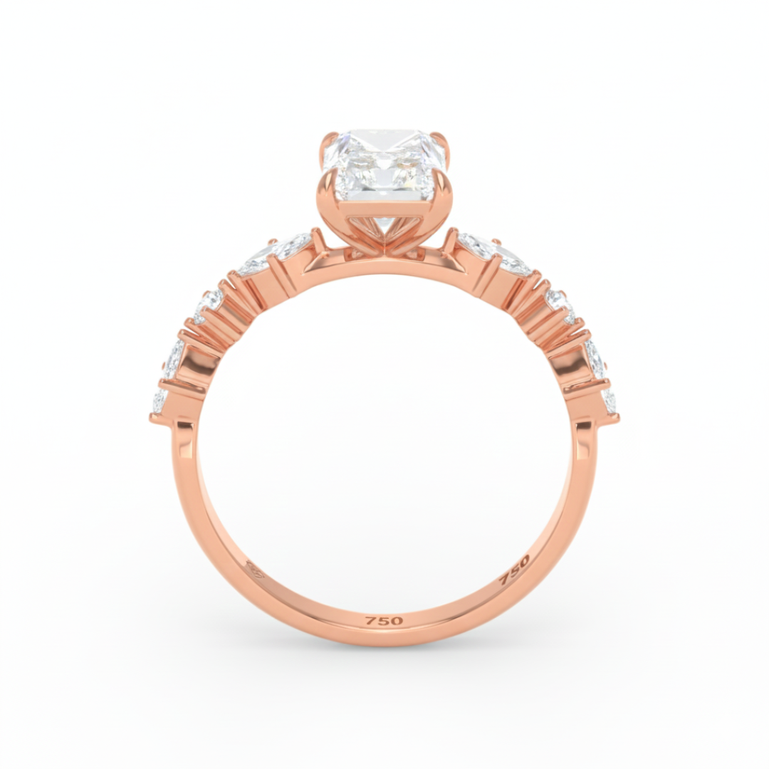 Elizabeth Radiant Cut Diamond Engagement Ring With A Marquise And Round Cut Diamond Band