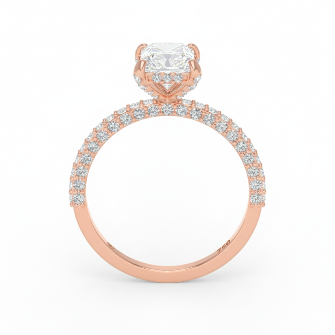 Bague de fiançailles Mia en diamant taille radiant avec halo de diamants cachés et anneau en diamant 3D