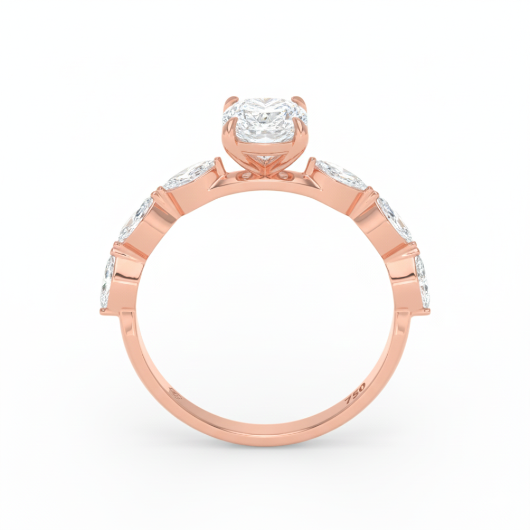 Kasandra Cushion Cut Diamond Engagement Ring With A Marquise Cut Diamond Band