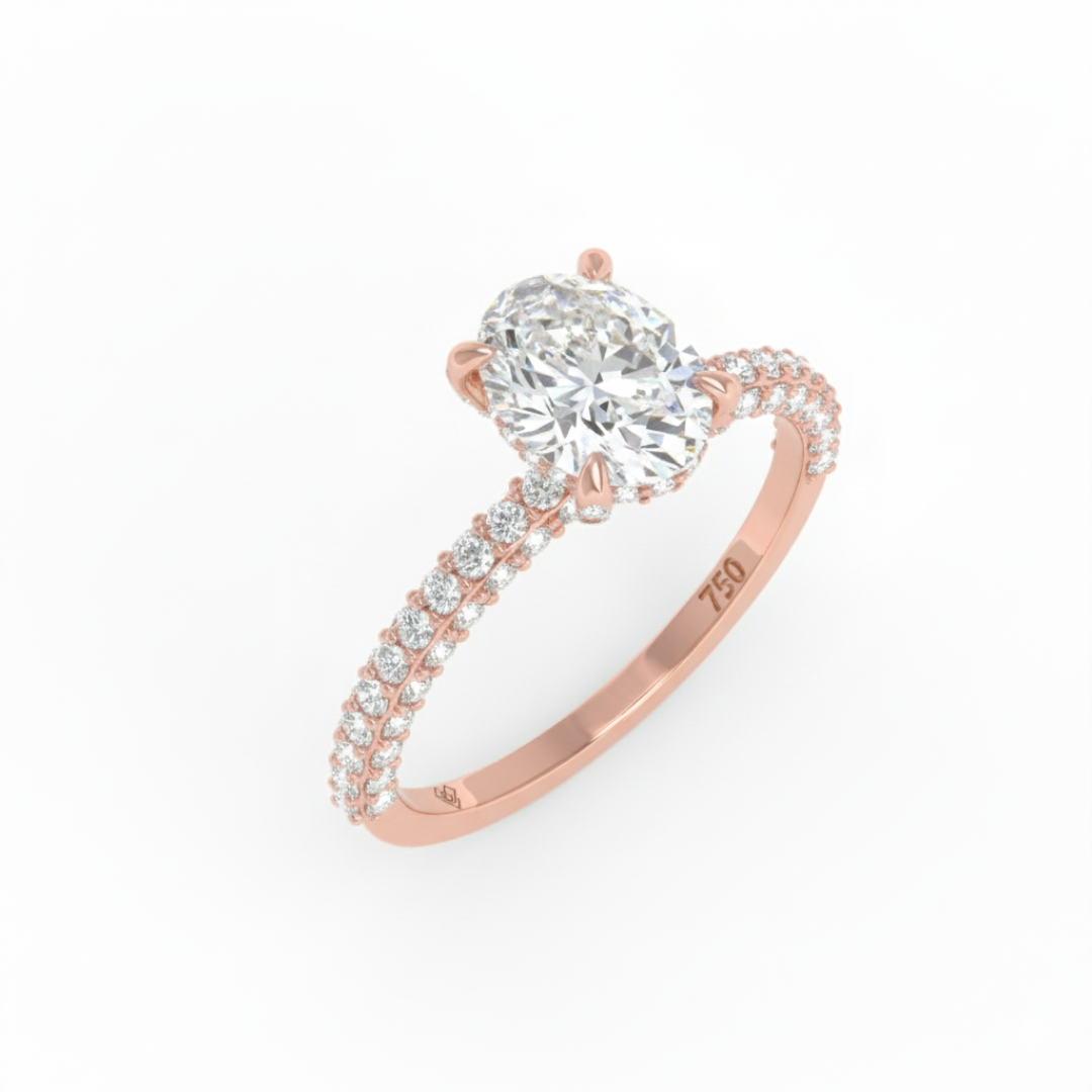 Mia Oval Cut Diamond Engagement Ring With Diamond Hidden Halo And 3D Diamond Band