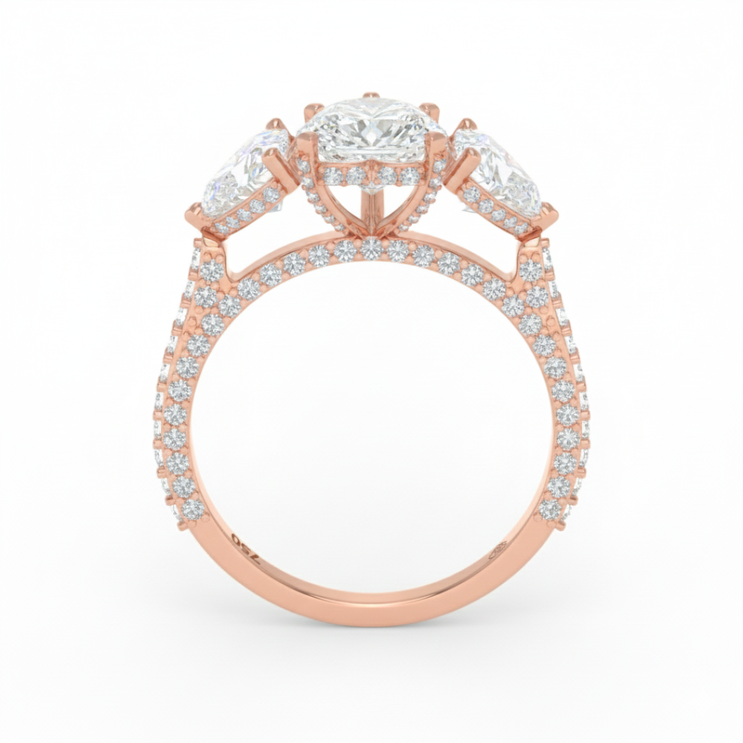 維多利亞心形切割鑽石訂婚戒指，搭配心形切割側鑽和3D鑽石戒圈