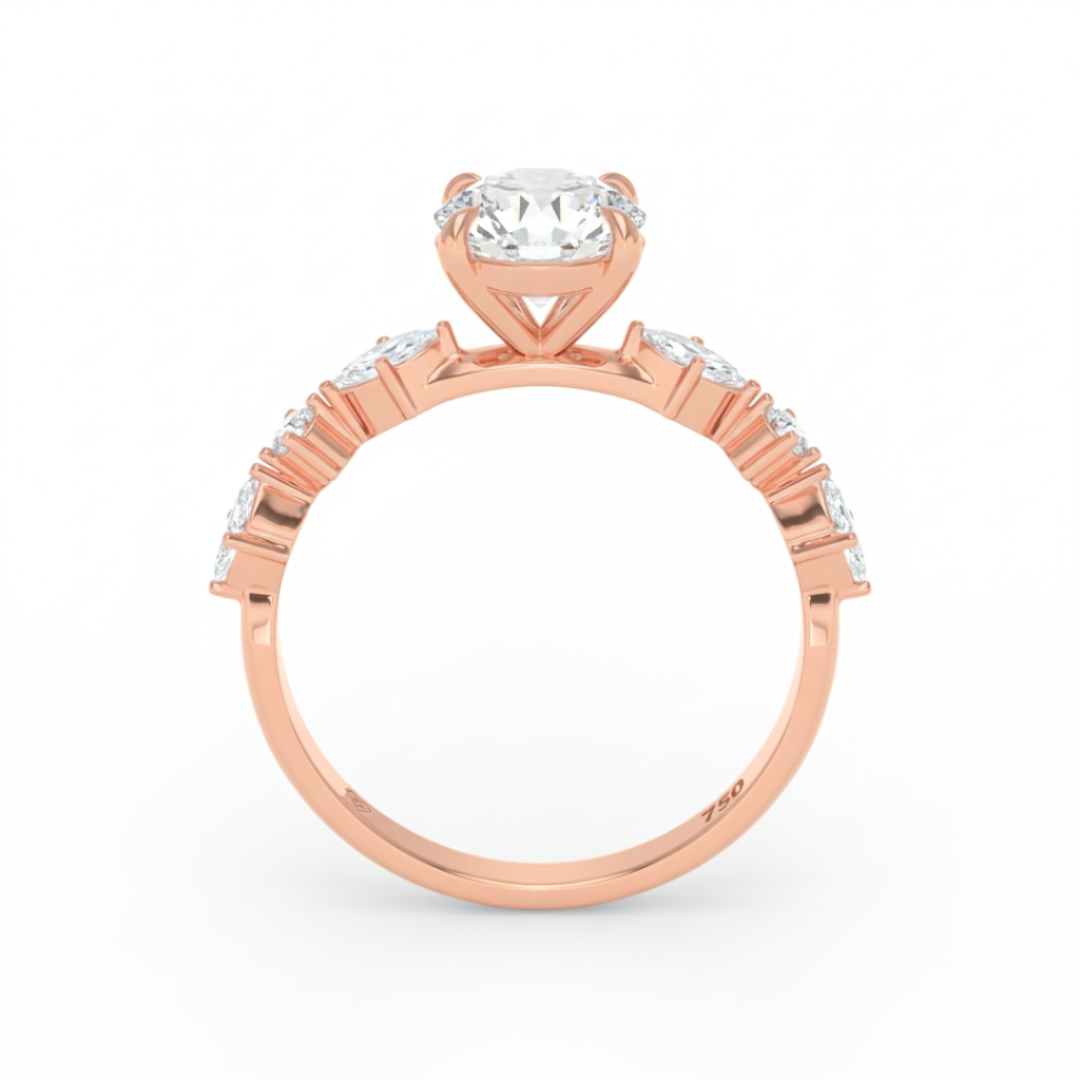 Elizabeth Round Brilliant Cut Diamond Engagement Ring With A Marquise And Round Cut Diamond Band