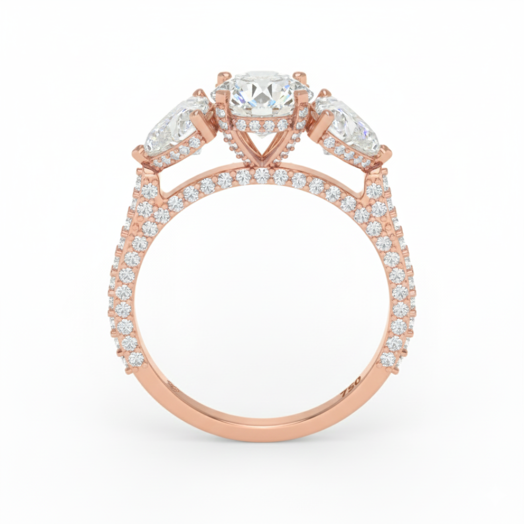 Victoria Round Brilliant Cut Diamond Engagement Ring with Heart Cut Side Diamonds and 3D Diamond Band