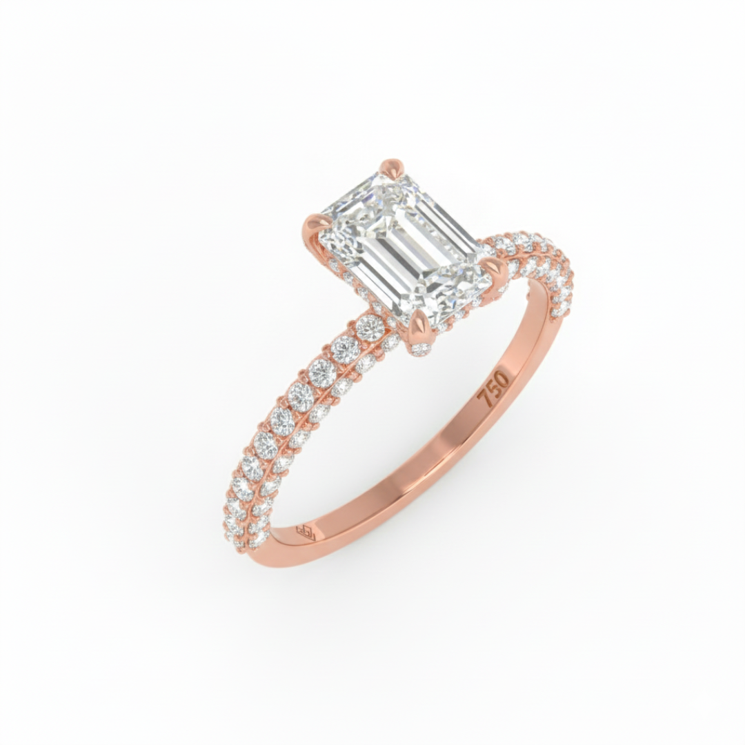 Mia Emerald Cut Diamond Engagement Ring with Diamond Hidden Halo and 3D Diamond Band