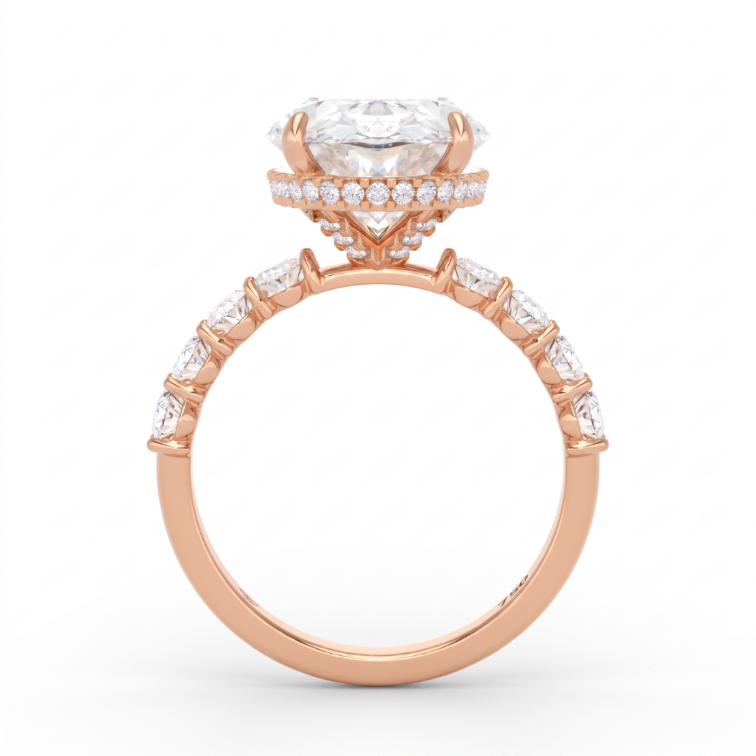 Vivien Oval Brilliant Cut Engagement Ring with Oval Brilliant Diamond Band and Wrap Around Hidden Halo