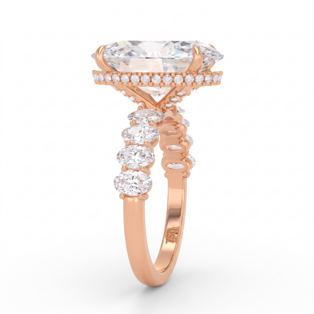 Vivien Oval Brilliant Cut Engagement Ring with Oval Brilliant Diamond Band and Wrap Around Hidden Halo