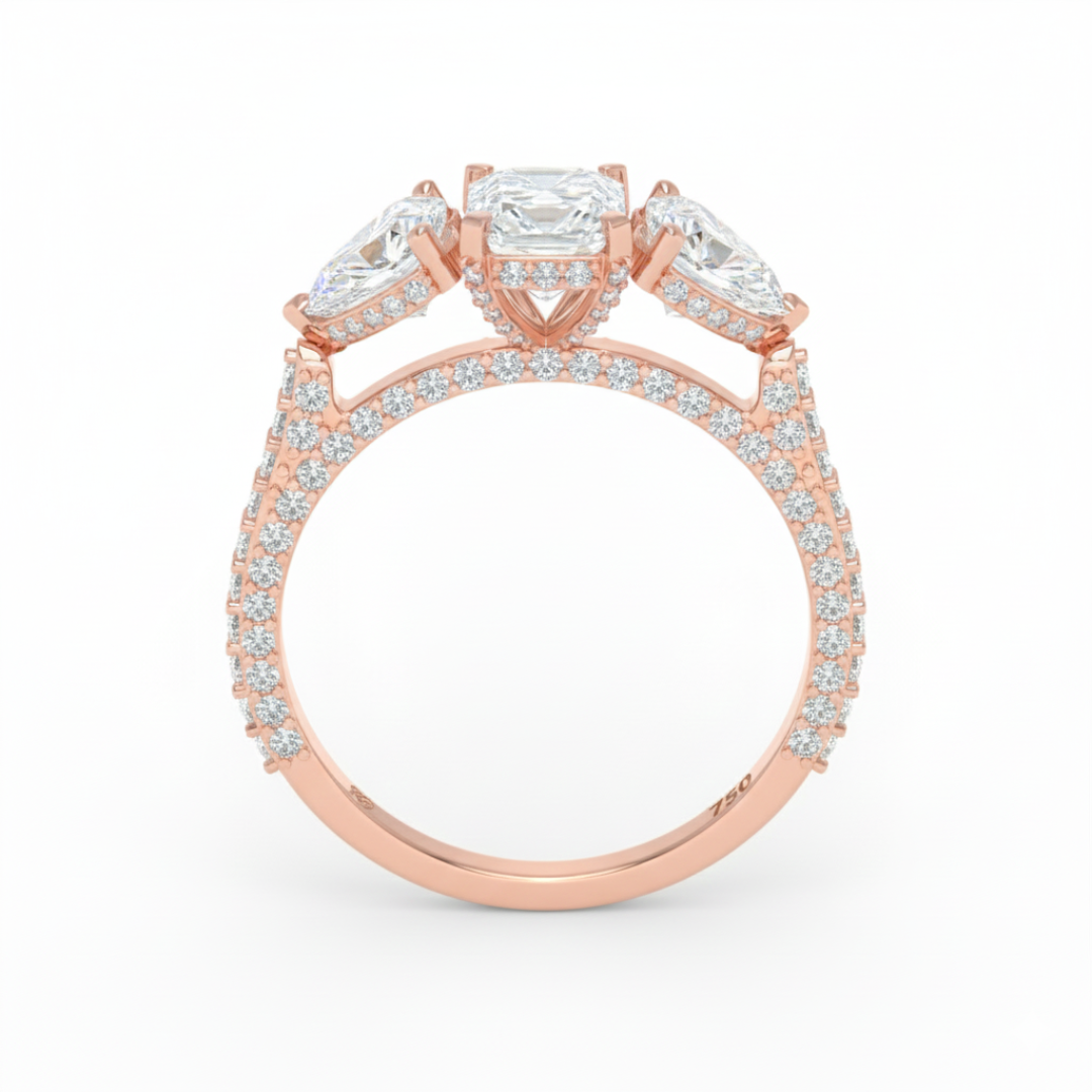 Victoria Emerald Cut Diamond Engagement Ring with Heart Cut Side Diamonds and 3D Diamond Band