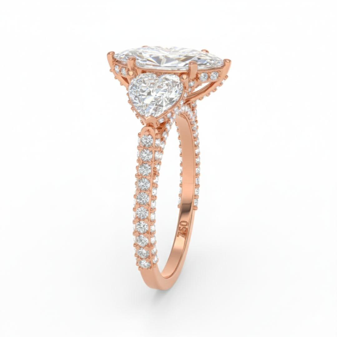 Victoria Marquise Cut Diamond Engagement Ring with Heart Cut Side Diamonds and 3D Diamond Band