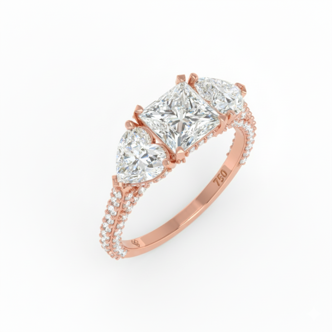 Victoria Princess Cut Diamond Engagement Ring with Heart Cut Side Diamonds and 3D Diamond Band