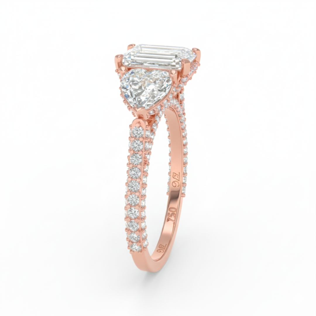 Victoria Radiant Cut Diamond Engagement Ring with Heart Cut Side Diamonds and 3D Diamond Band