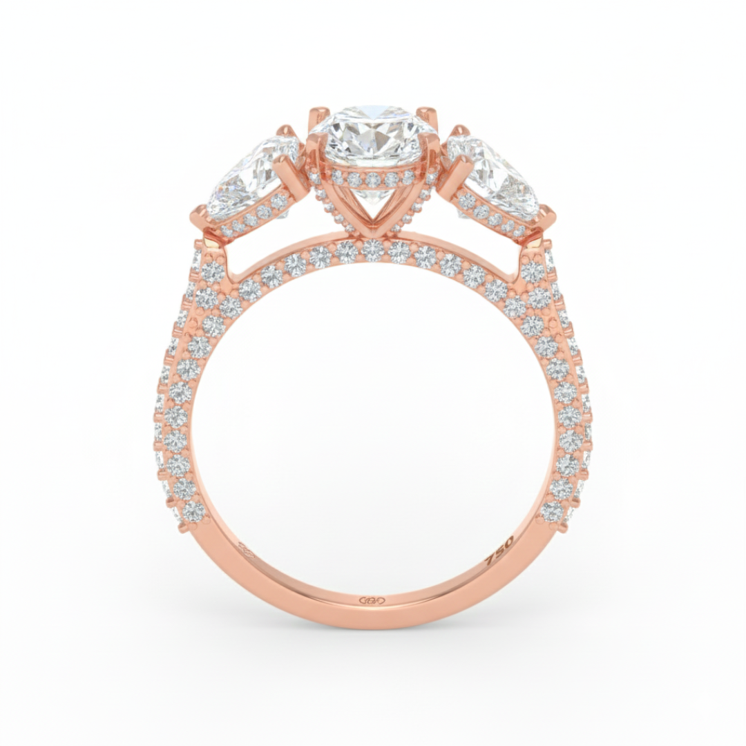 Victoria Oval Cut Diamond Engagement Ring with Heart Cut Side Diamonds and 3D Diamond Band