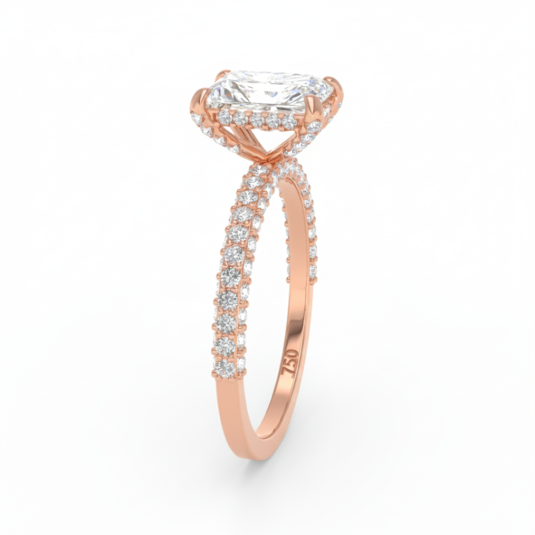 Bague de fiançailles Mia en diamant taille radiant avec halo de diamants cachés et anneau en diamant 3D