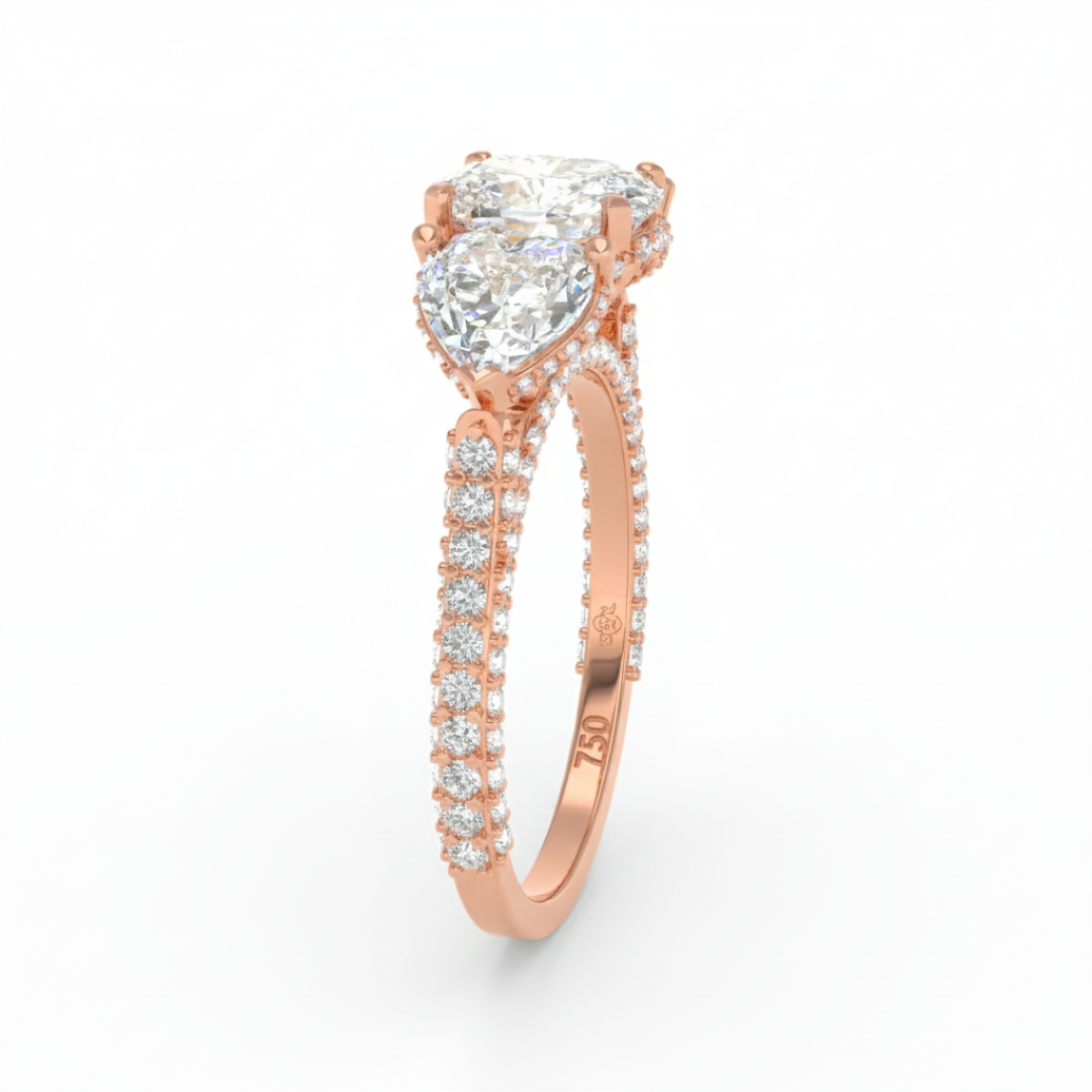 Victoria Cushion Cut Diamond Engagement Ring with Heart Cut Side Diamonds and 3D Diamond Band