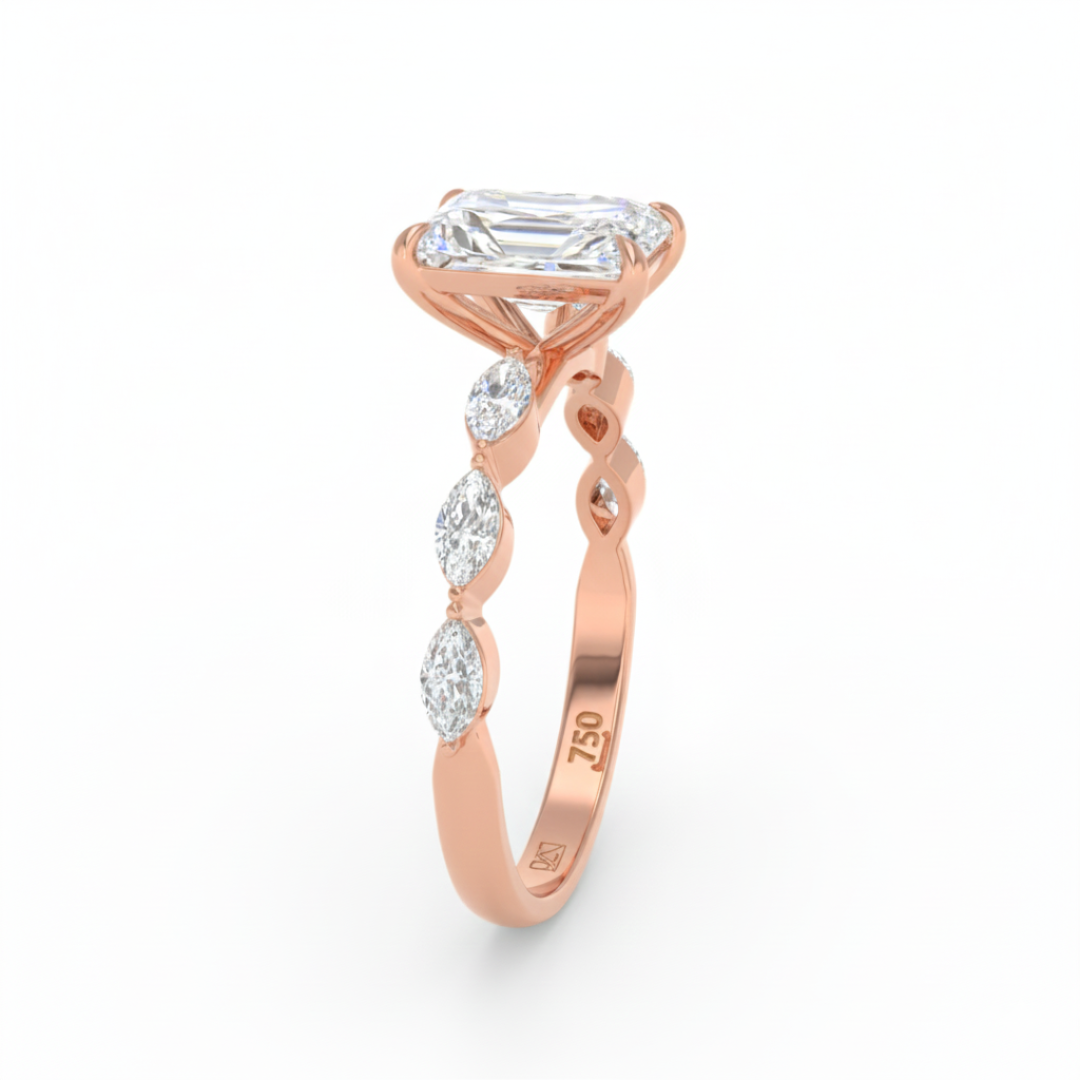 Kasandra Radiant Cut Diamond Engagement Ring With A Marquise Cut Diamond Band